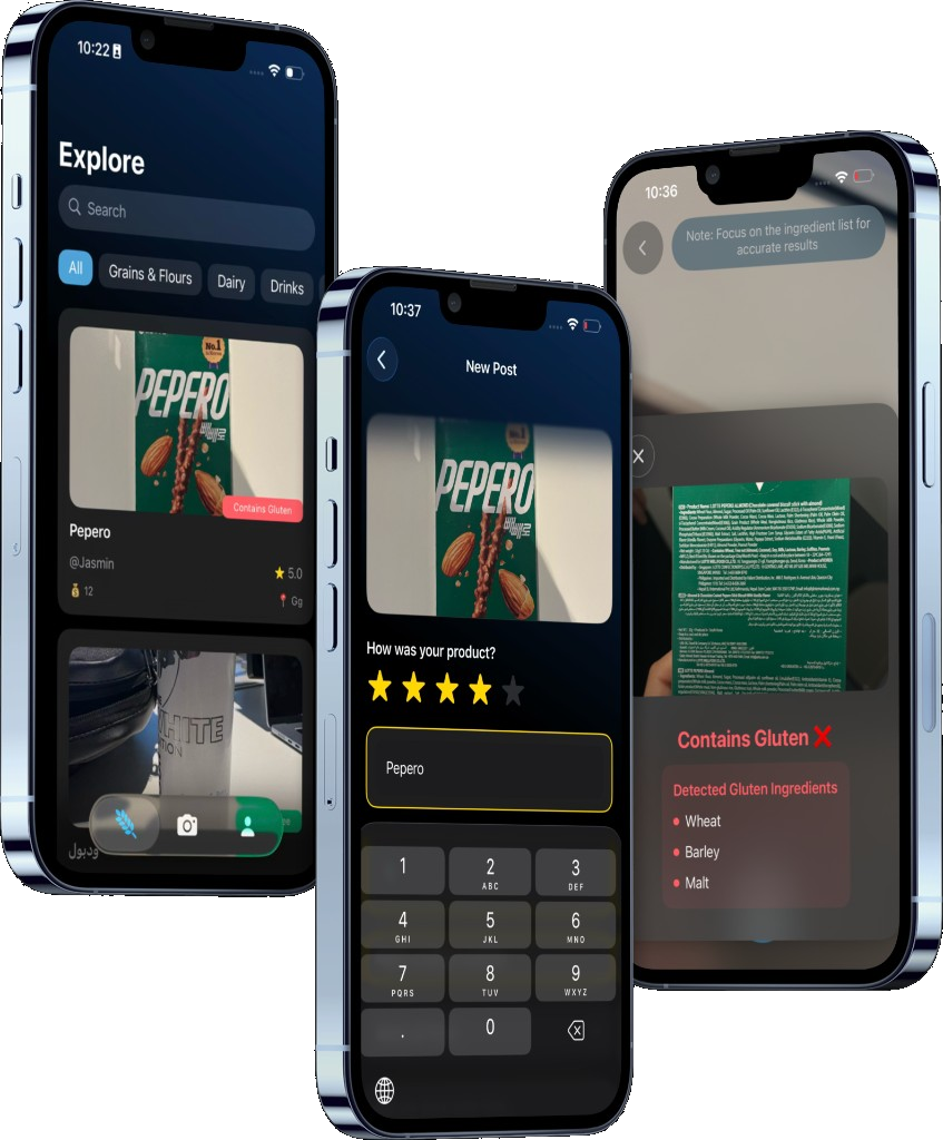 Glutinc food scanner app screens